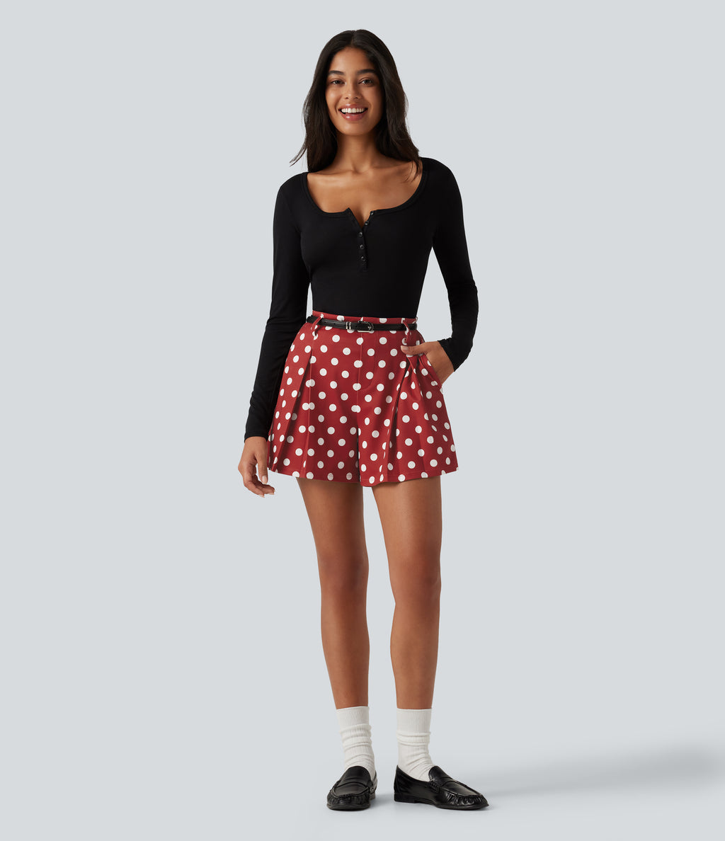 Mid Rise Wide Leg Polka Dot Casual Shorts 4" with Pockets — Clay Rose Dot — view 7