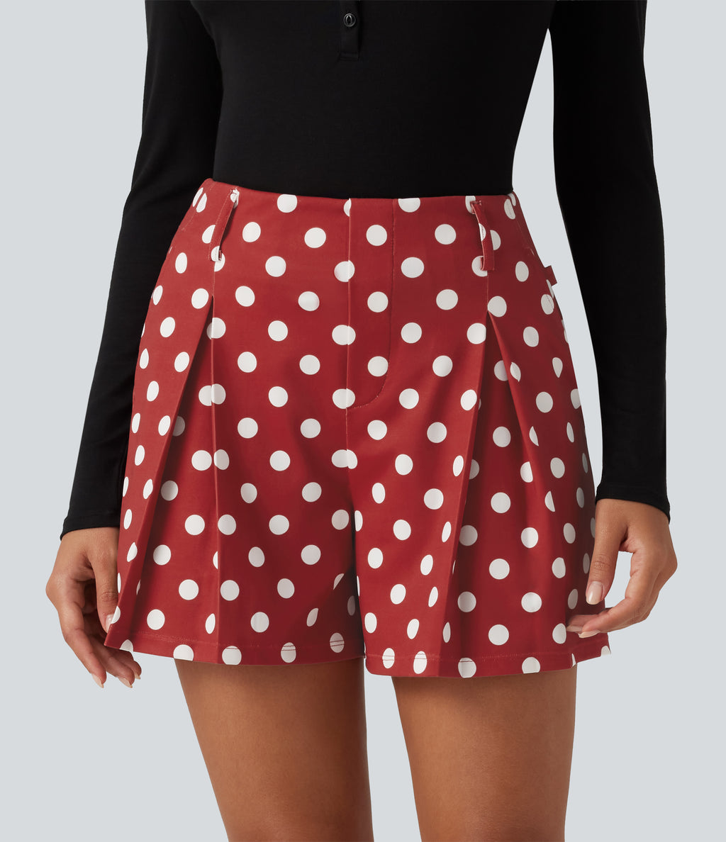 Mid Rise Wide Leg Polka Dot Casual Shorts 4" with Pockets — Clay Rose Dot — view 1