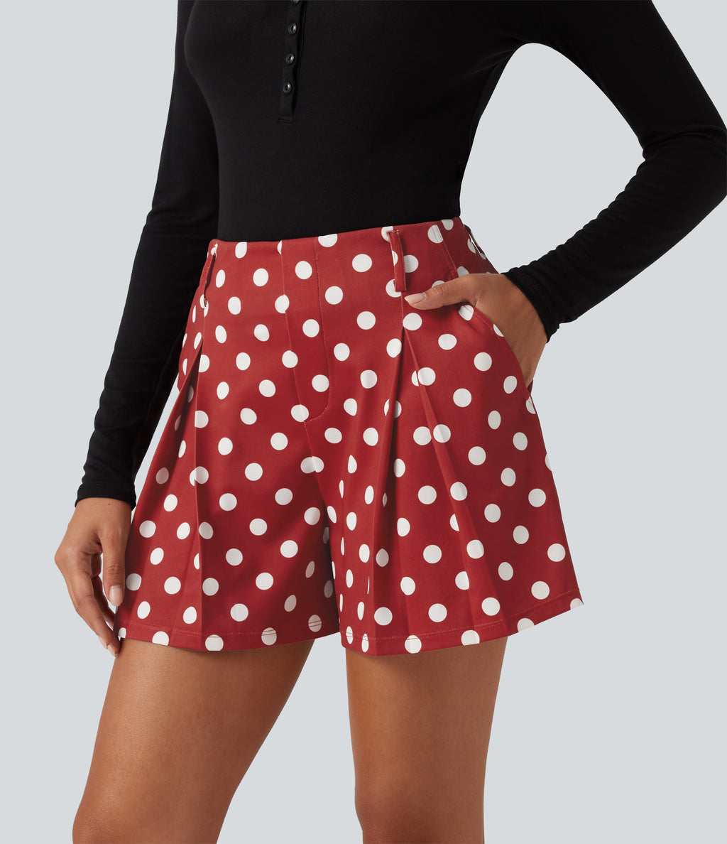 Mid Rise Wide Leg Polka Dot Casual Shorts 4" with Pockets — Clay Rose Dot — view 3