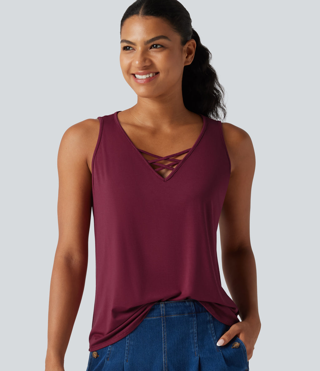V Neck Crossover Curved Hem Casual Tank Top — Purple Potion — view 1
