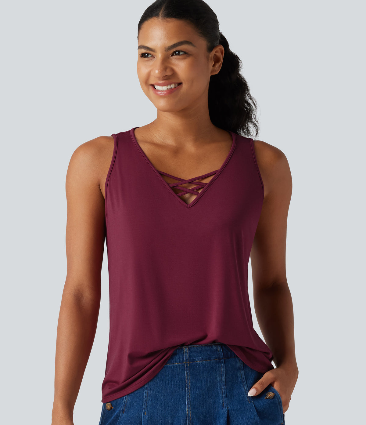V Neck Crossover Curved Hem Casual Tank Top — Purple Potion — view 1