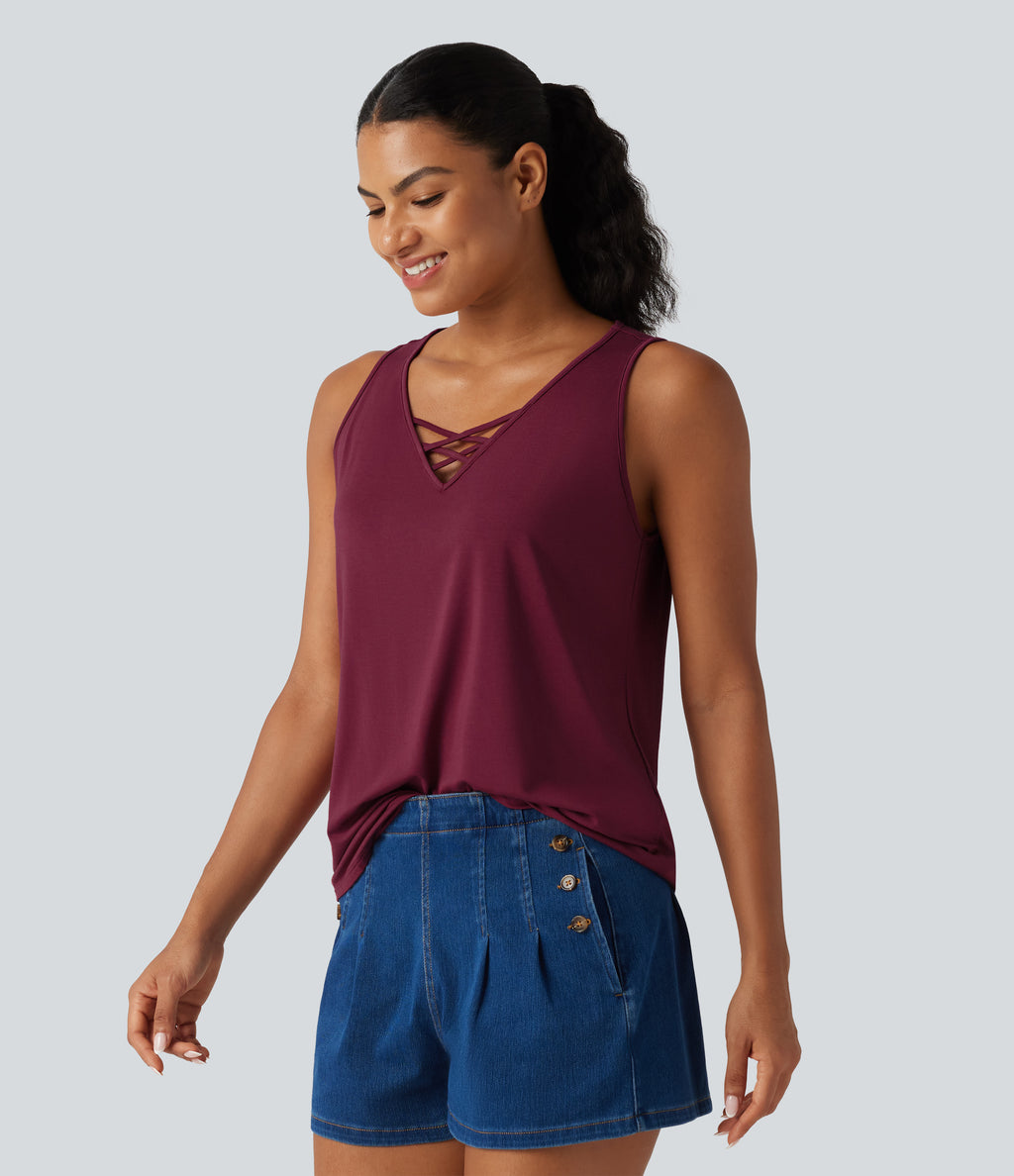 V Neck Crossover Curved Hem Casual Tank Top — Purple Potion — view 3