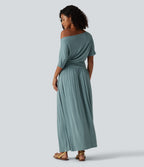 Ribbed One Shoulder Short Sleeve Ruched Maxi Casual Dress — Clear Green — view 2