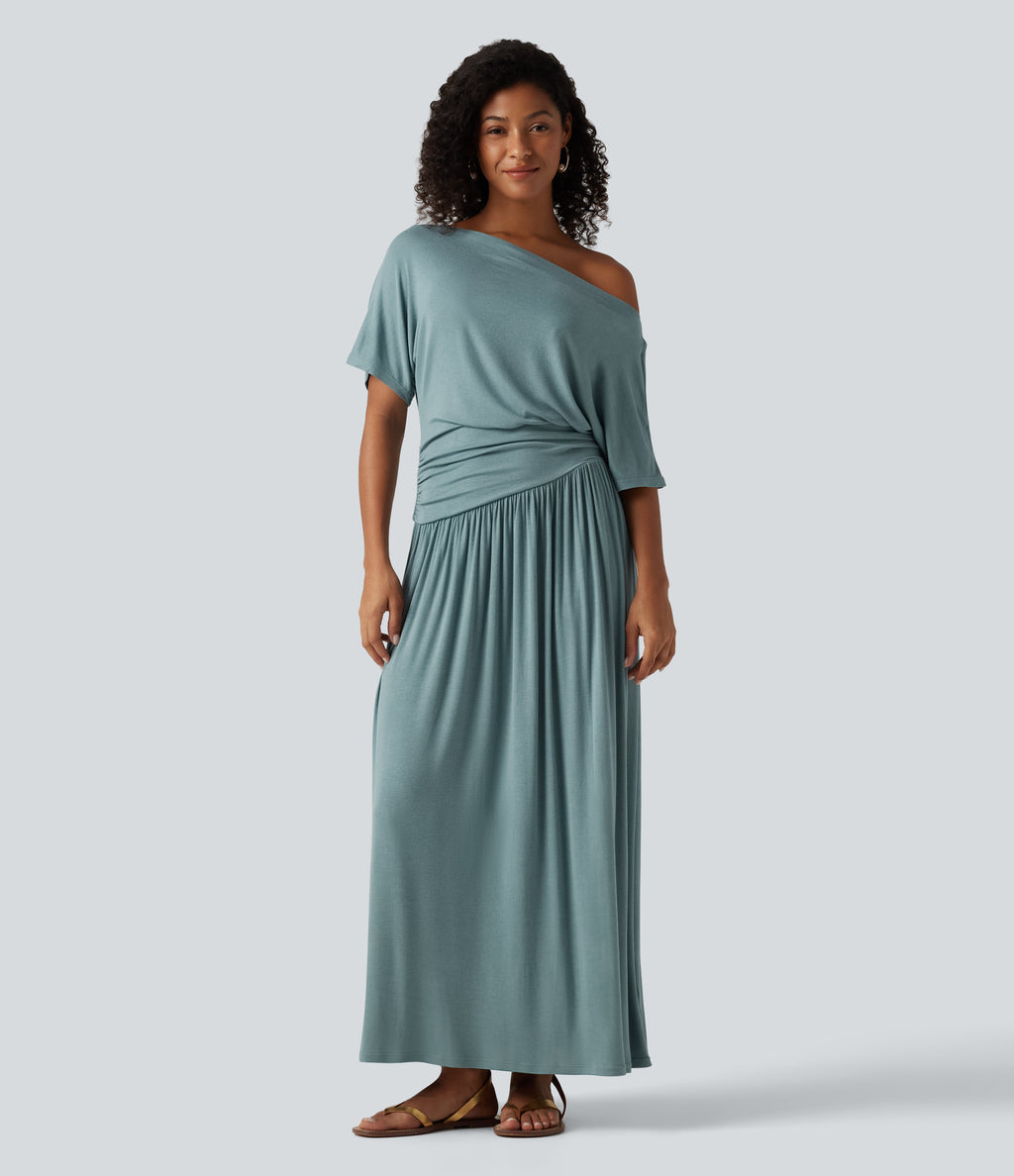 Ribbed One Shoulder Short Sleeve Ruched Maxi Casual Dress — Clear Green — view 1