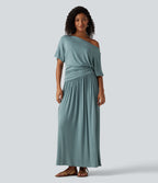 Ribbed One Shoulder Short Sleeve Ruched Maxi Casual Dress — Clear Green — view 1