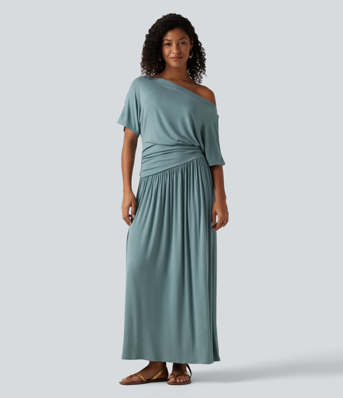 Ribbed One Shoulder Short Sleeve Ruched Maxi Casual Dress — Clear Green — view 1