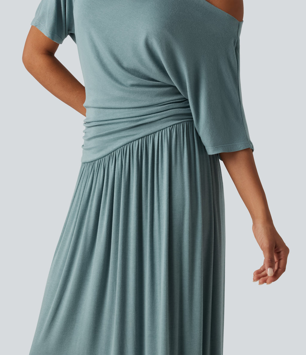 Ribbed One Shoulder Short Sleeve Ruched Maxi Casual Dress — Clear Green — view 6