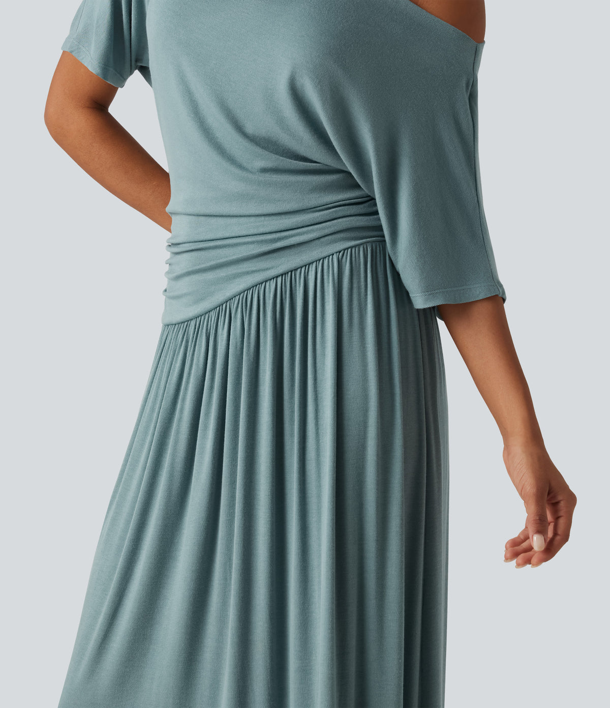 Ribbed One Shoulder Short Sleeve Ruched Maxi Casual Dress — Clear Green — view 6