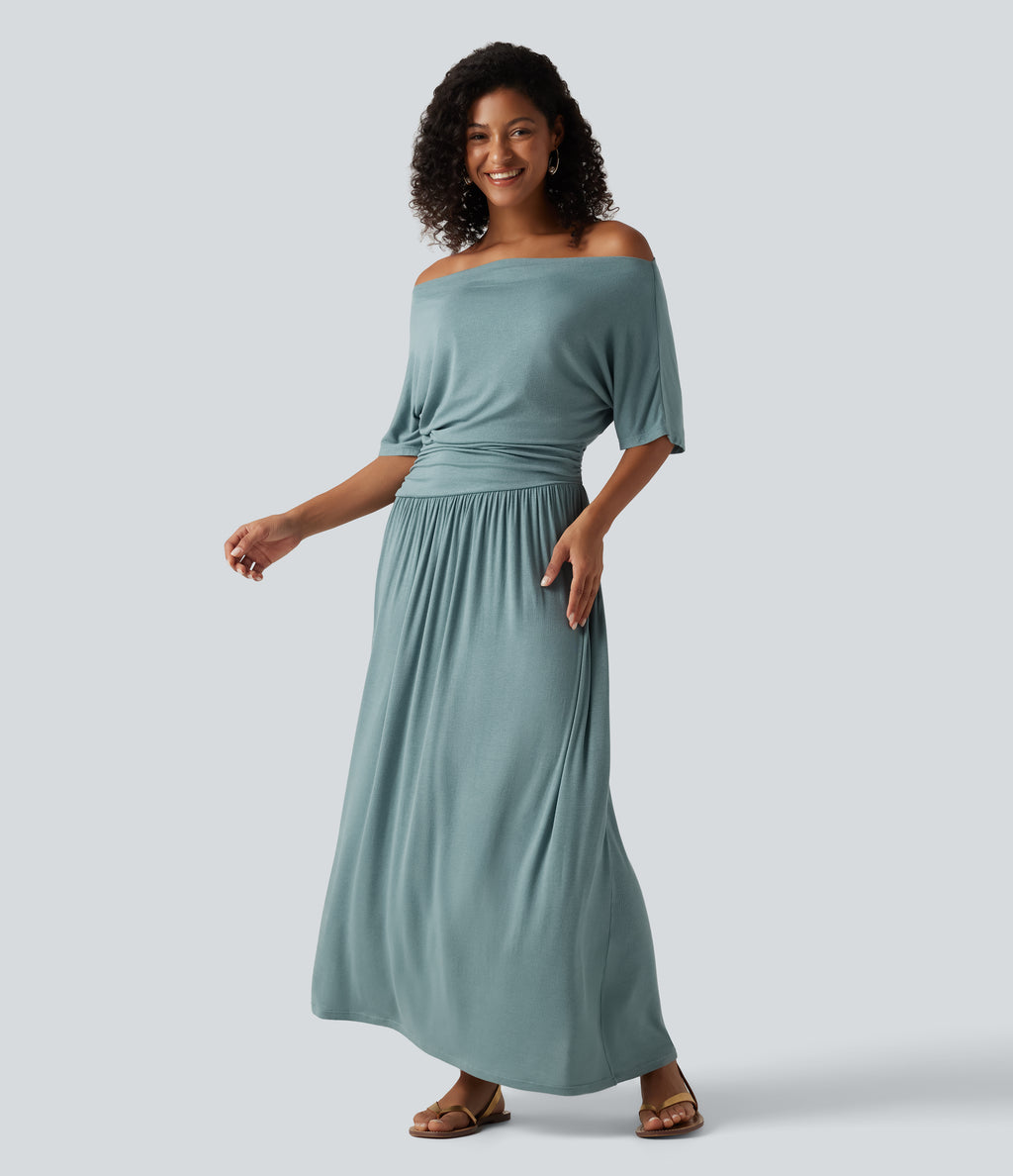 Ribbed One Shoulder Short Sleeve Ruched Maxi Casual Dress — Clear Green — view 4