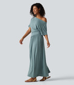 Ribbed One Shoulder Short Sleeve Ruched Maxi Casual Dress — Clear Green — view 3