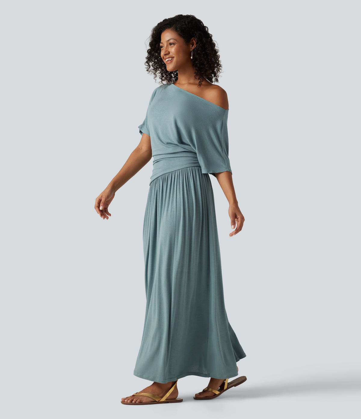 Ribbed One Shoulder Short Sleeve Ruched Maxi Casual Dress — Clear Green — view 3