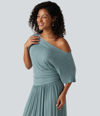 Ribbed One Shoulder Short Sleeve Ruched Maxi Casual Dress — Clear Green — view 5