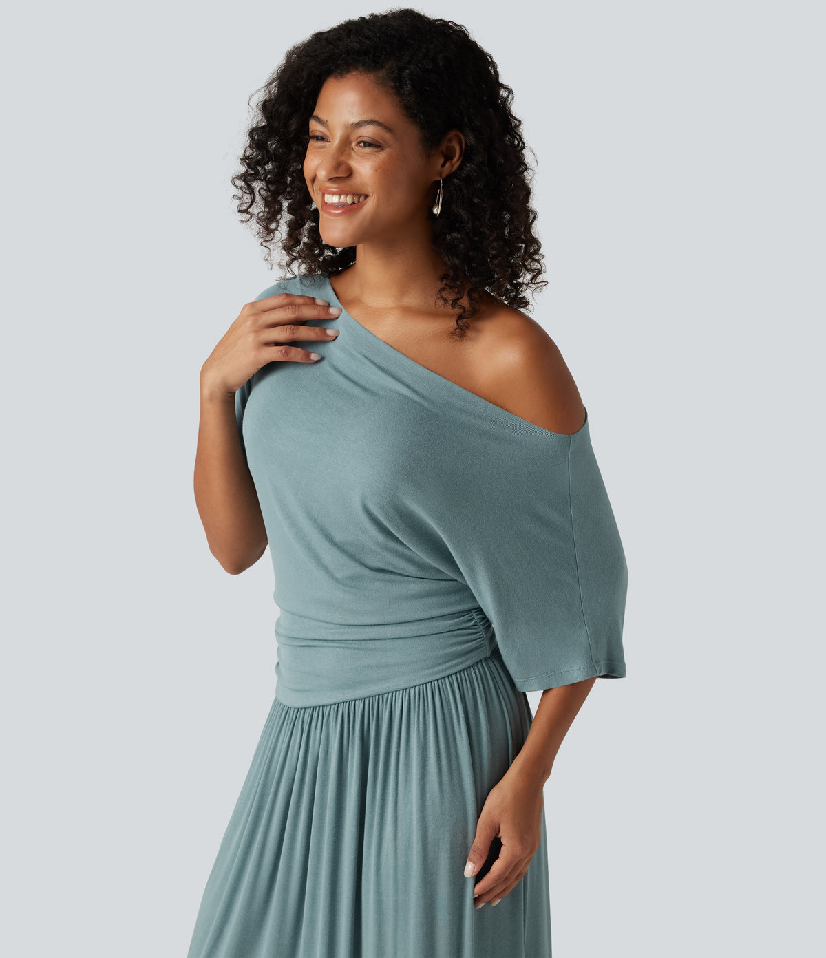 Ribbed One Shoulder Short Sleeve Ruched Maxi Casual Dress — Clear Green — view 5