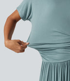 Ribbed One Shoulder Short Sleeve Ruched Maxi Casual Dress — Clear Green — view 7