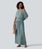 Ribbed One Shoulder Short Sleeve Ruched Maxi Casual Dress — Clear Green — view 8