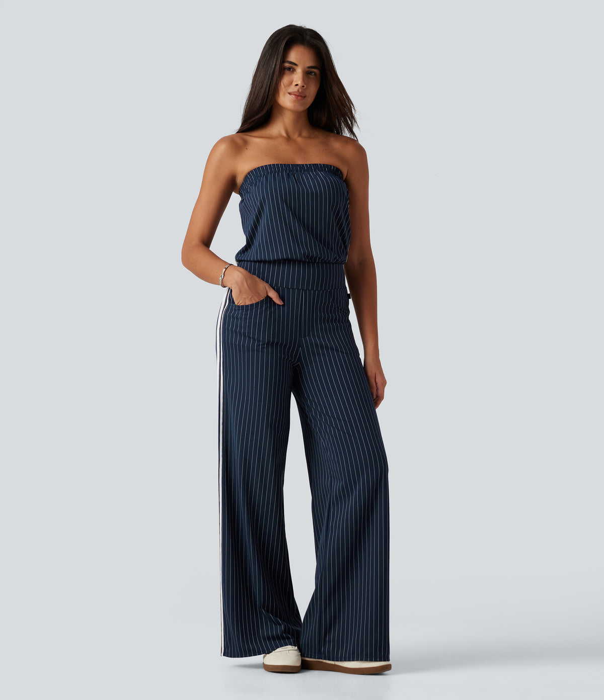 Tube Side Stripe InstantCool Straight Leg Casual Jumpsuit with Pockets-Edition — Navy Pinstripe — view 3