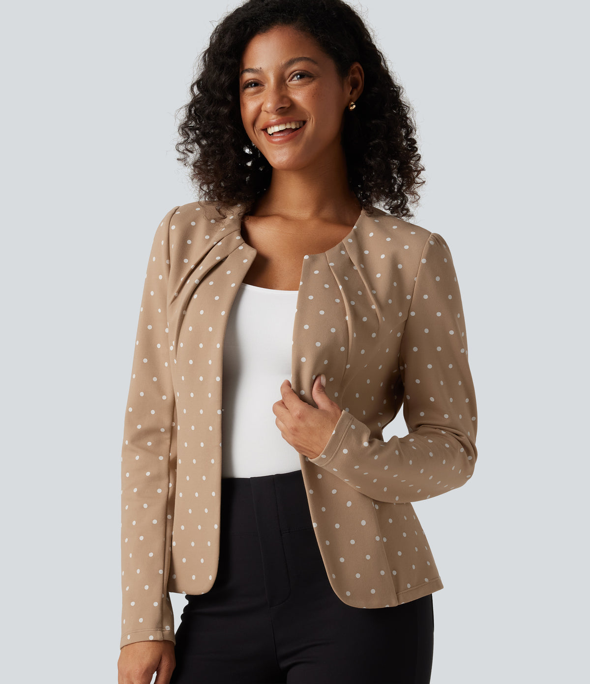 Round Neck Curved Hem Polka Dot Long Sleeve Work Blazer — Canyon Roast Speckle — view 5