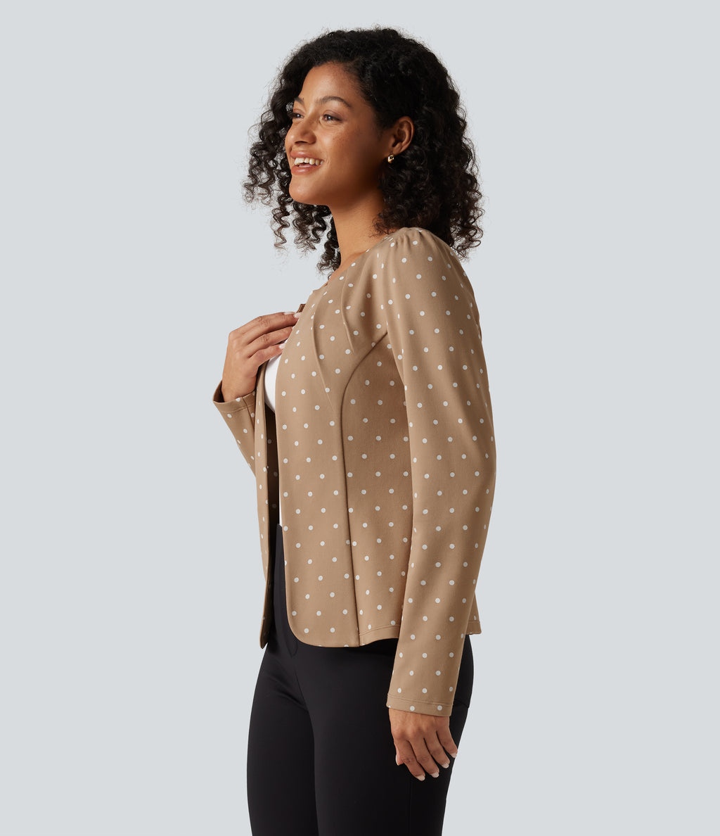 Round Neck Curved Hem Polka Dot Long Sleeve Work Blazer — Canyon Roast Speckle — view 3