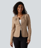 Round Neck Curved Hem Polka Dot Long Sleeve Work Blazer — Canyon Roast Speckle — view 4