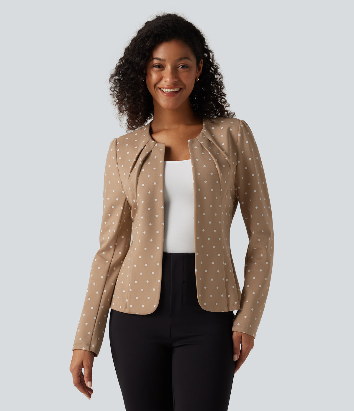 Round Neck Curved Hem Polka Dot Long Sleeve Work Blazer — Canyon Roast Speckle — view 1