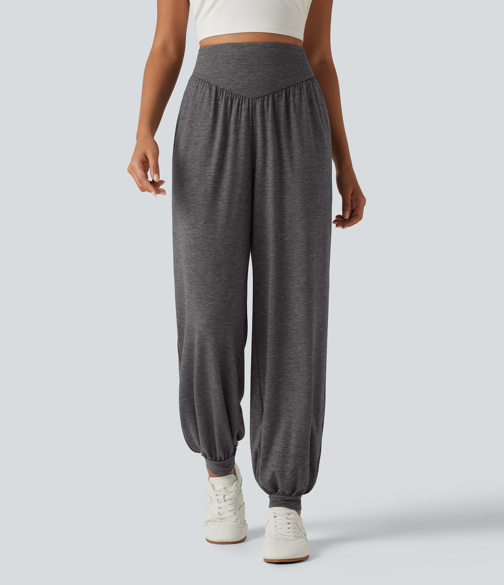 High Waisted V Shaped Yoga Joggers with Pockets — Darl Gray Floral Yarn — view 1