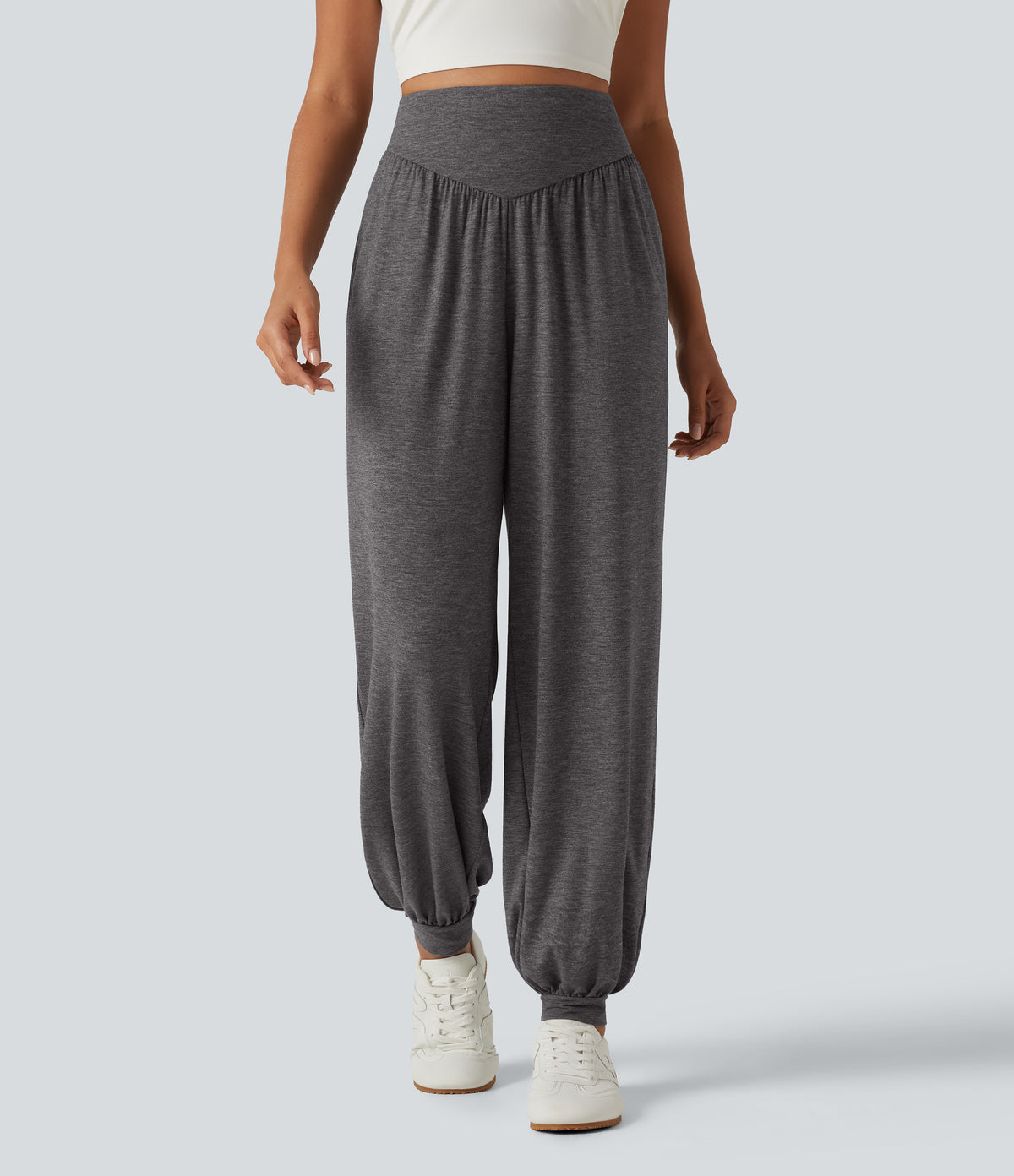 High Waisted V Shaped Yoga Joggers with Pockets — Darl Gray Floral Yarn — view 1