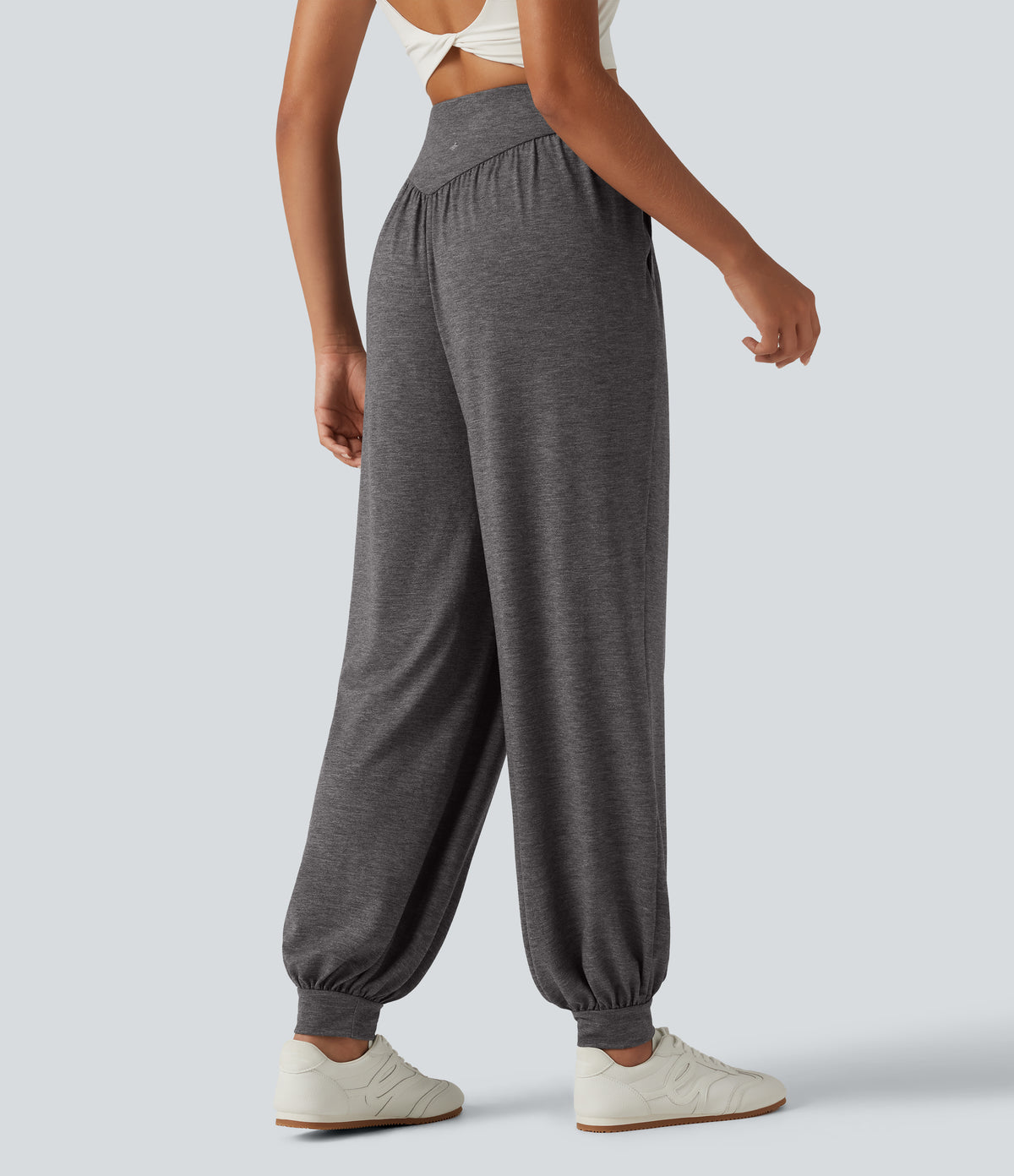 High Waisted V Shaped Yoga Joggers with Pockets — Darl Gray Floral Yarn — view 2