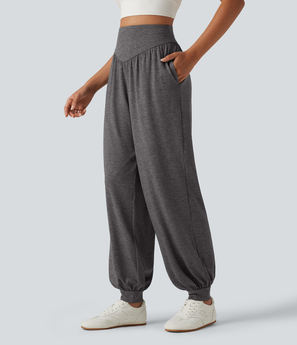 High Waisted V Shaped Yoga Joggers with Pockets — Darl Gray Floral Yarn — view 3