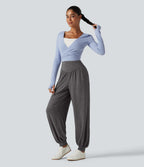 High Waisted V Shaped Yoga Joggers with Pockets — Darl Gray Floral Yarn — view 8