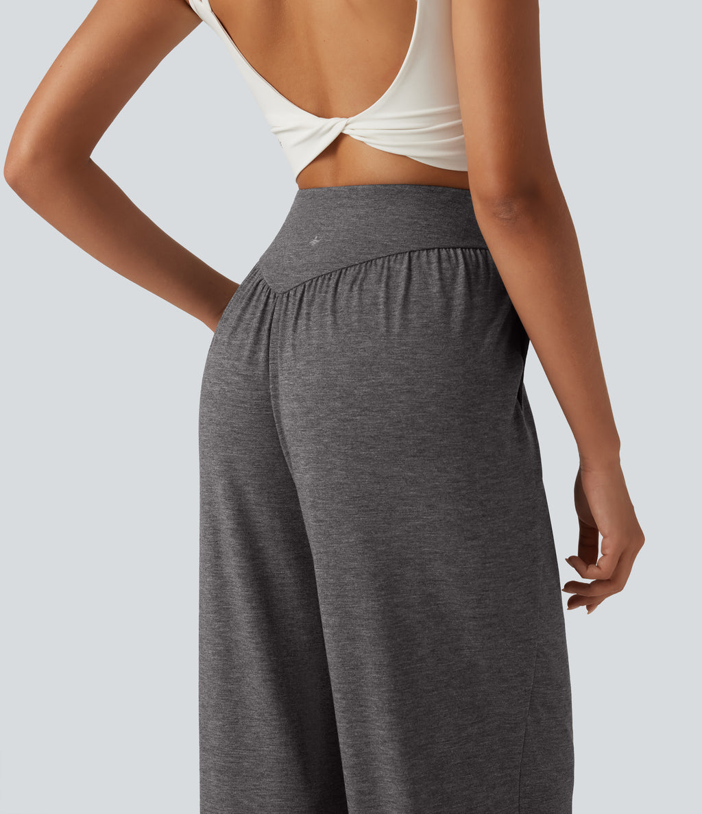 High Waisted V Shaped Yoga Joggers with Pockets — Darl Gray Floral Yarn — view 4