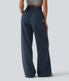 High Waisted Straight Leg Waffle Casual SweatPants with Pockets — Deep Night Blue — view 2