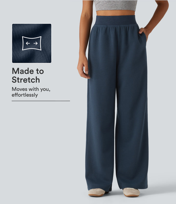 High Waisted Straight Leg Waffle Casual SweatPants with Pockets — Deep Night Blue — view 1