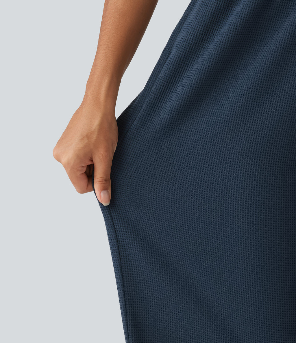 High Waisted Straight Leg Waffle Casual SweatPants with Pockets — Deep Night Blue — view 5