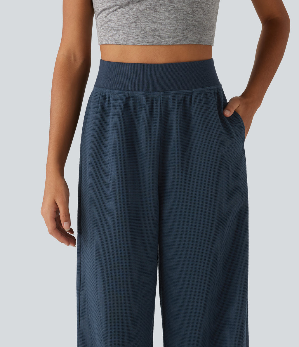 High Waisted Straight Leg Waffle Casual SweatPants with Pockets — Deep Night Blue — view 4