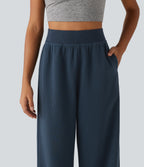 High Waisted Straight Leg Waffle Casual SweatPants with Pockets — Deep Night Blue — view 4