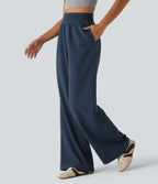 High Waisted Straight Leg Waffle Casual SweatPants with Pockets — Deep Night Blue — view 3
