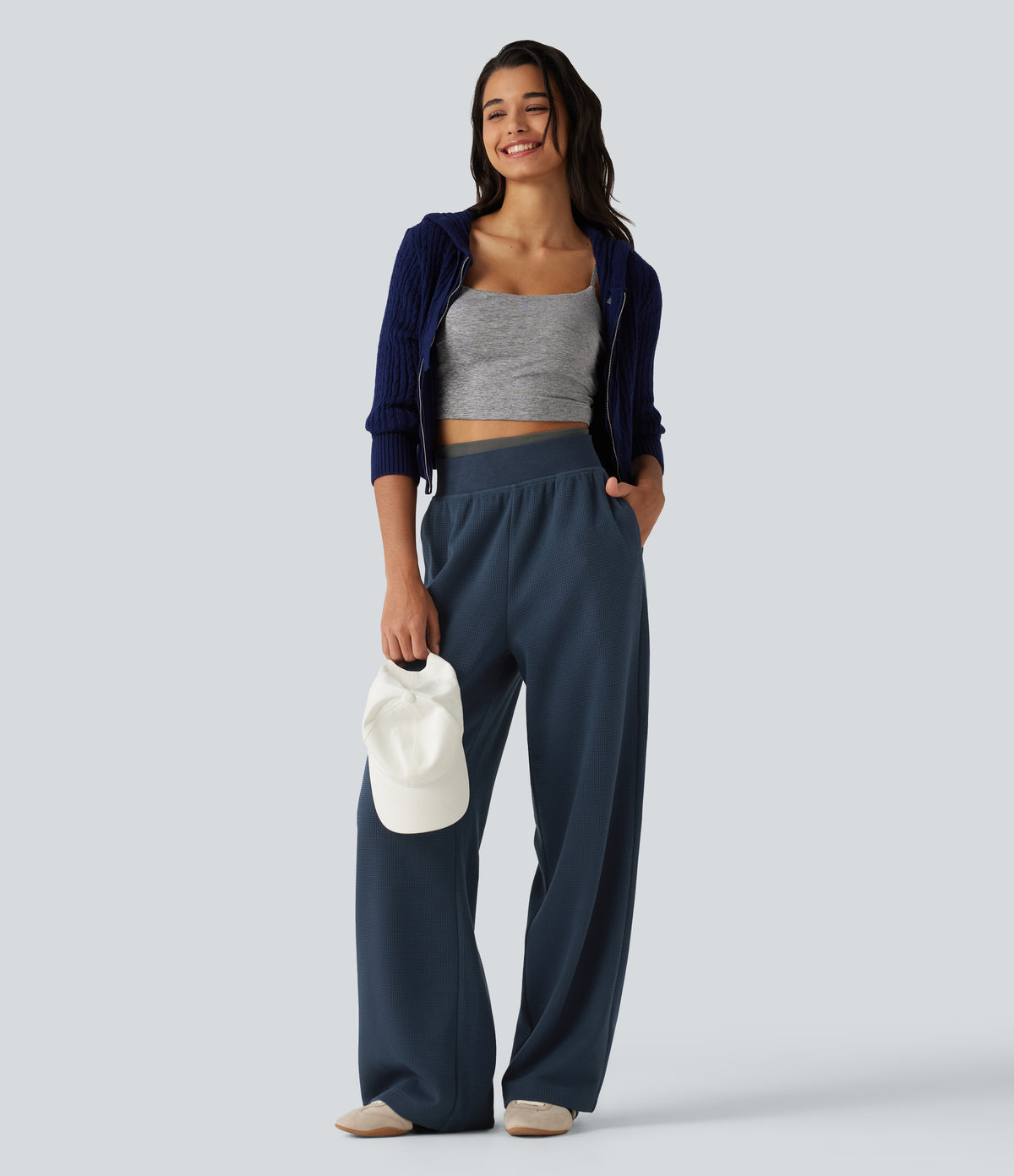 High Waisted Straight Leg Waffle Casual SweatPants with Pockets — Deep Night Blue — view 6