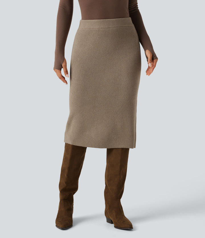 High Waisted Midi Work Jumper Pencil Skirt — Dark Reddish Brown — view 1