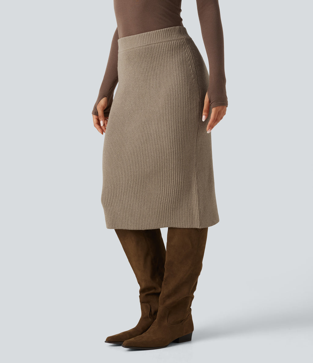 High Waisted Midi Work Jumper Pencil Skirt — Dark Reddish Brown — view 3