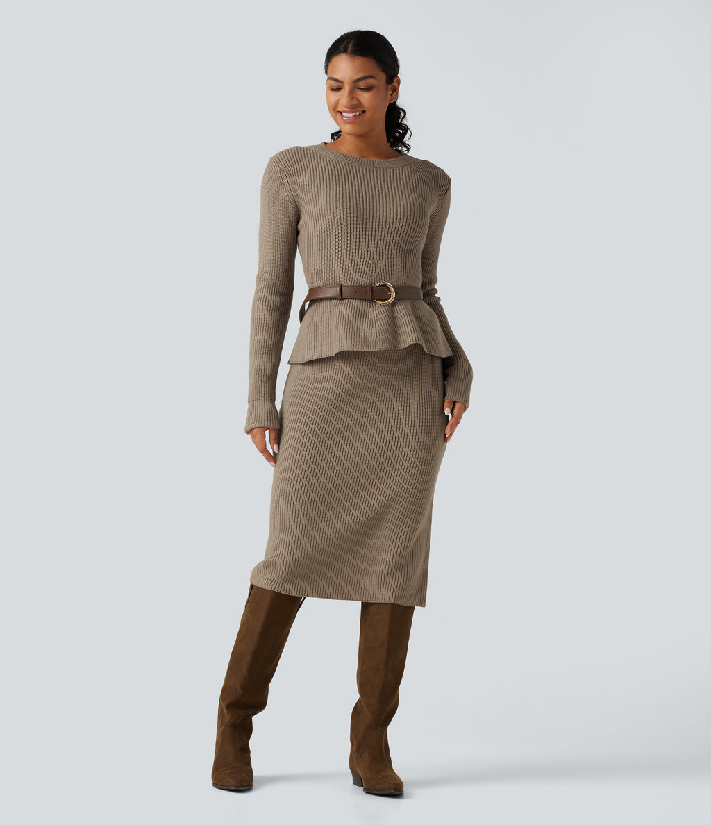 High Waisted Midi Work Jumper Pencil Skirt — Dark Reddish Brown — view 6
