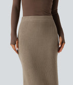 High Waisted Midi Work Jumper Pencil Skirt — Dark Reddish Brown — view 4