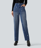 High Waisted Embroidery Straight Leg Casual Jeans with Pockets — Tide Blue Denim — view 1