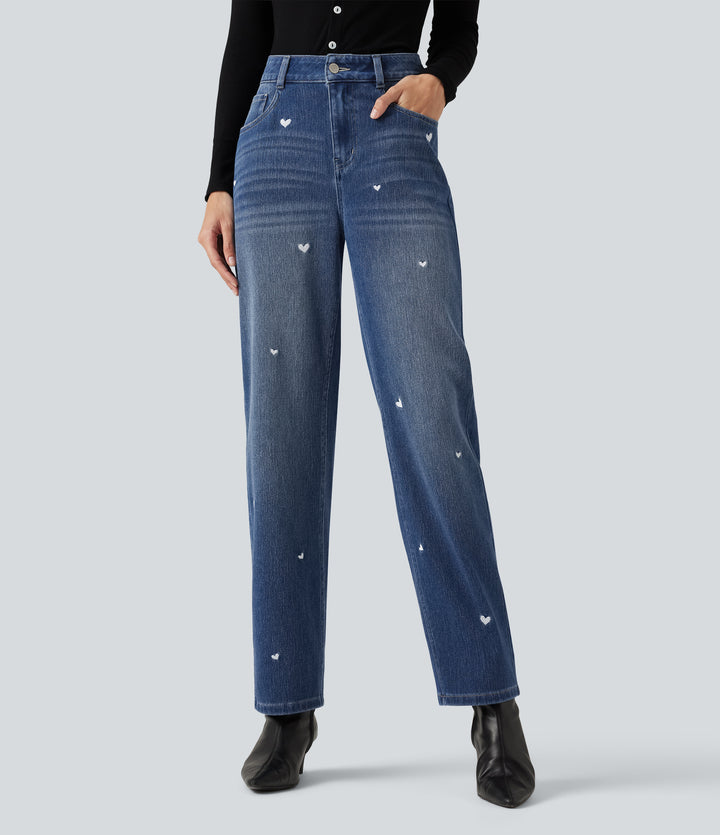 High Waisted Embroidery Straight Leg Casual Jeans with Pockets — Tide Blue Denim — view 1