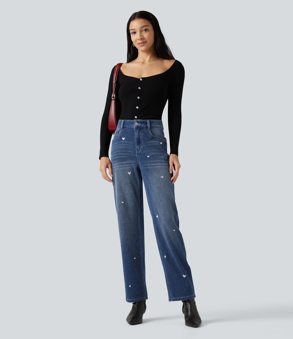 High Waisted Embroidery Straight Leg Casual Jeans with Pockets — Tide Blue Denim — view 7