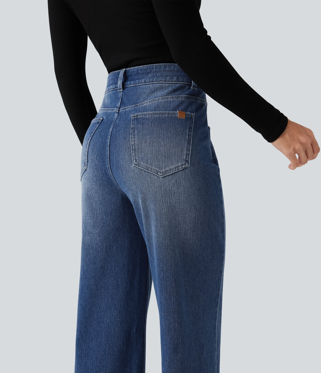 High Waisted Embroidery Straight Leg Casual Jeans with Pockets — Tide Blue Denim — view 5