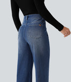 High Waisted Embroidery Straight Leg Casual Jeans with Pockets — Tide Blue Denim — view 5