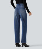 High Waisted Embroidery Straight Leg Casual Jeans with Pockets — Tide Blue Denim — view 2