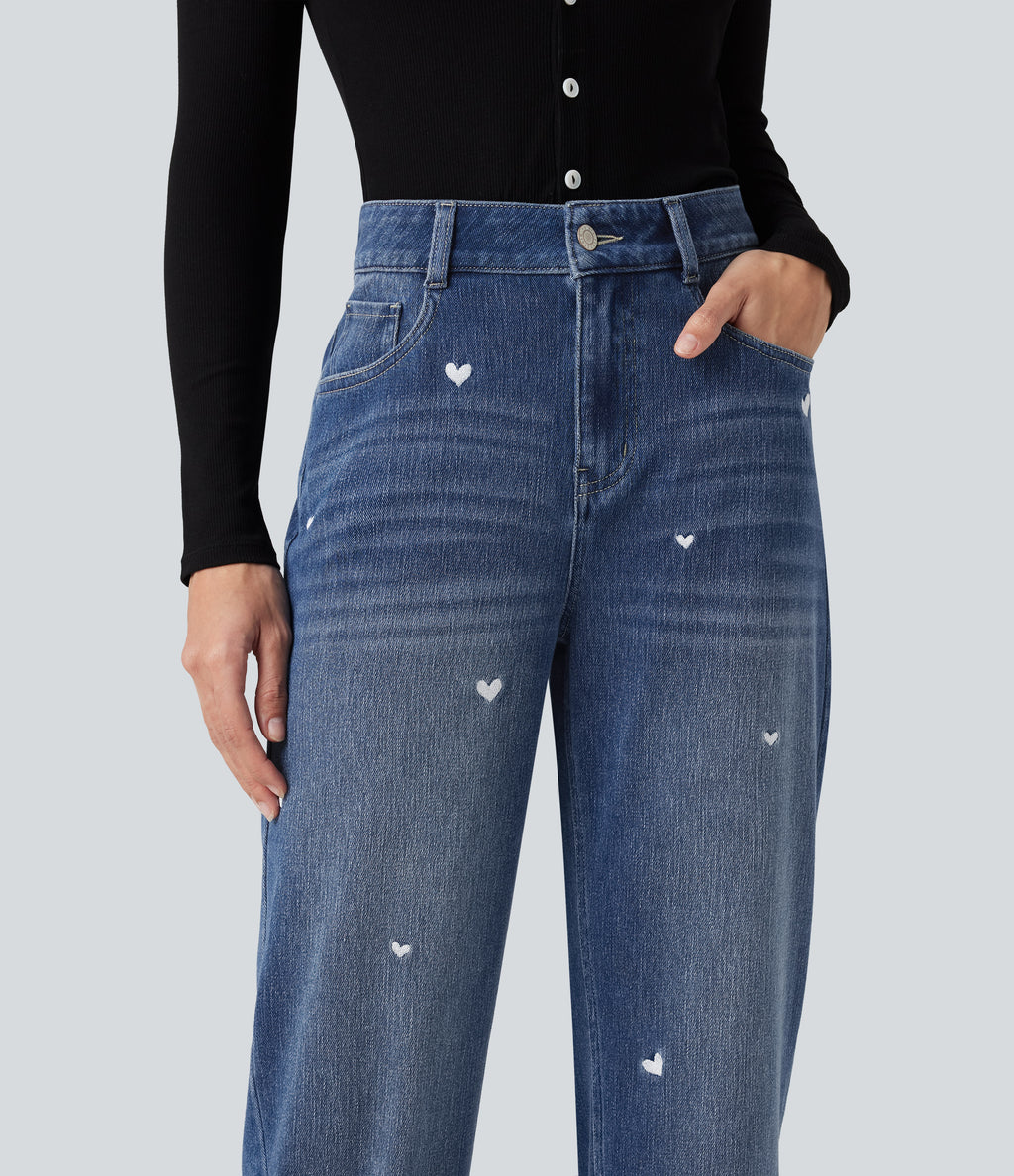 High Waisted Embroidery Straight Leg Casual Jeans with Pockets — Tide Blue Denim — view 4
