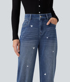 High Waisted Embroidery Straight Leg Casual Jeans with Pockets — Tide Blue Denim — view 4