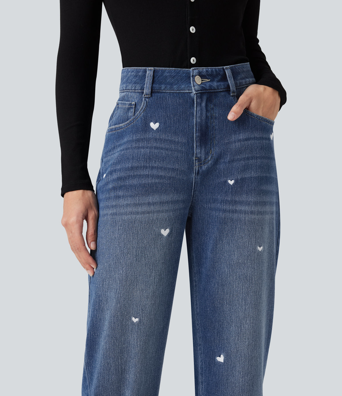 High Waisted Embroidery Straight Leg Casual Jeans with Pockets — Tide Blue Denim — view 4